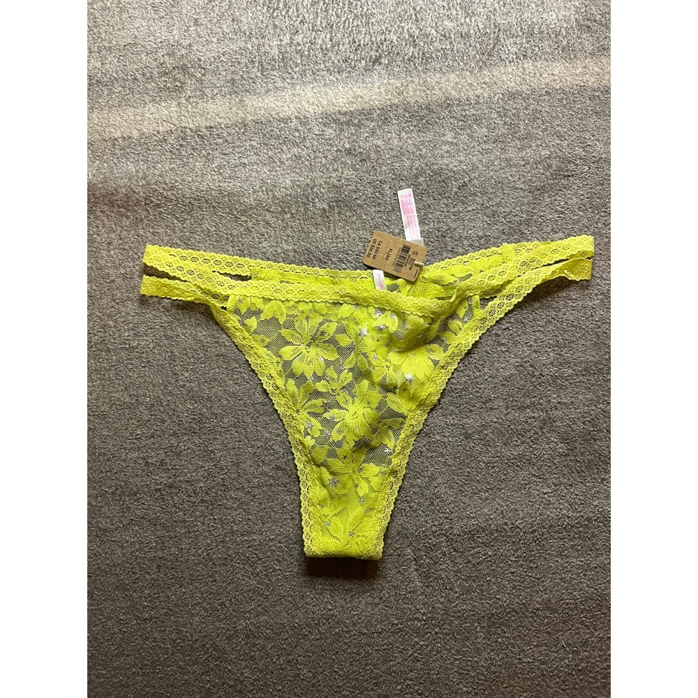 Victoria's Secret PINK Neon Yellow Floral Lace Star Thong Panty XL Sexy Seduce